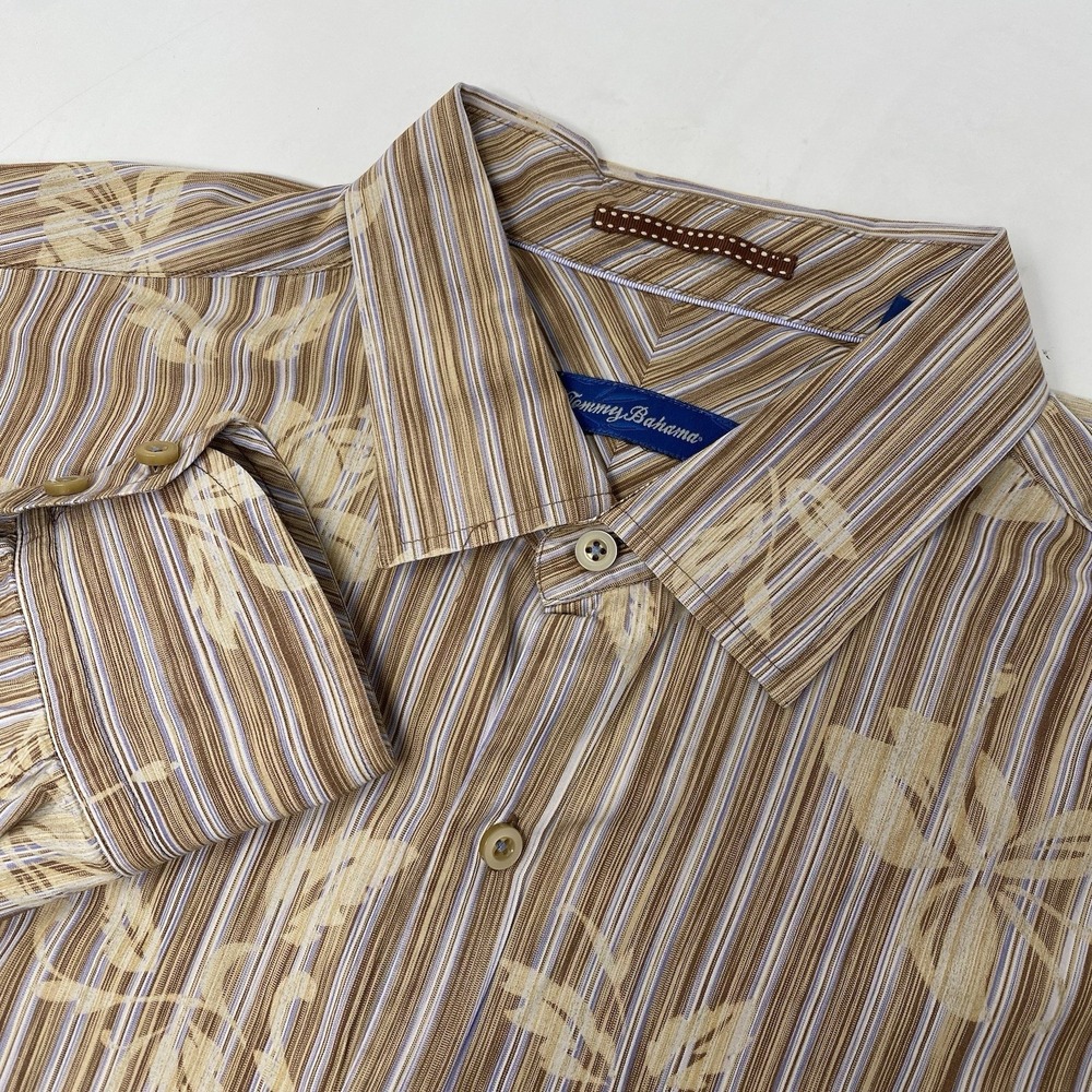 Tommy Bahama Button Front Shirt Men XL Brown Striped Floral Cotton Silk Long Slv